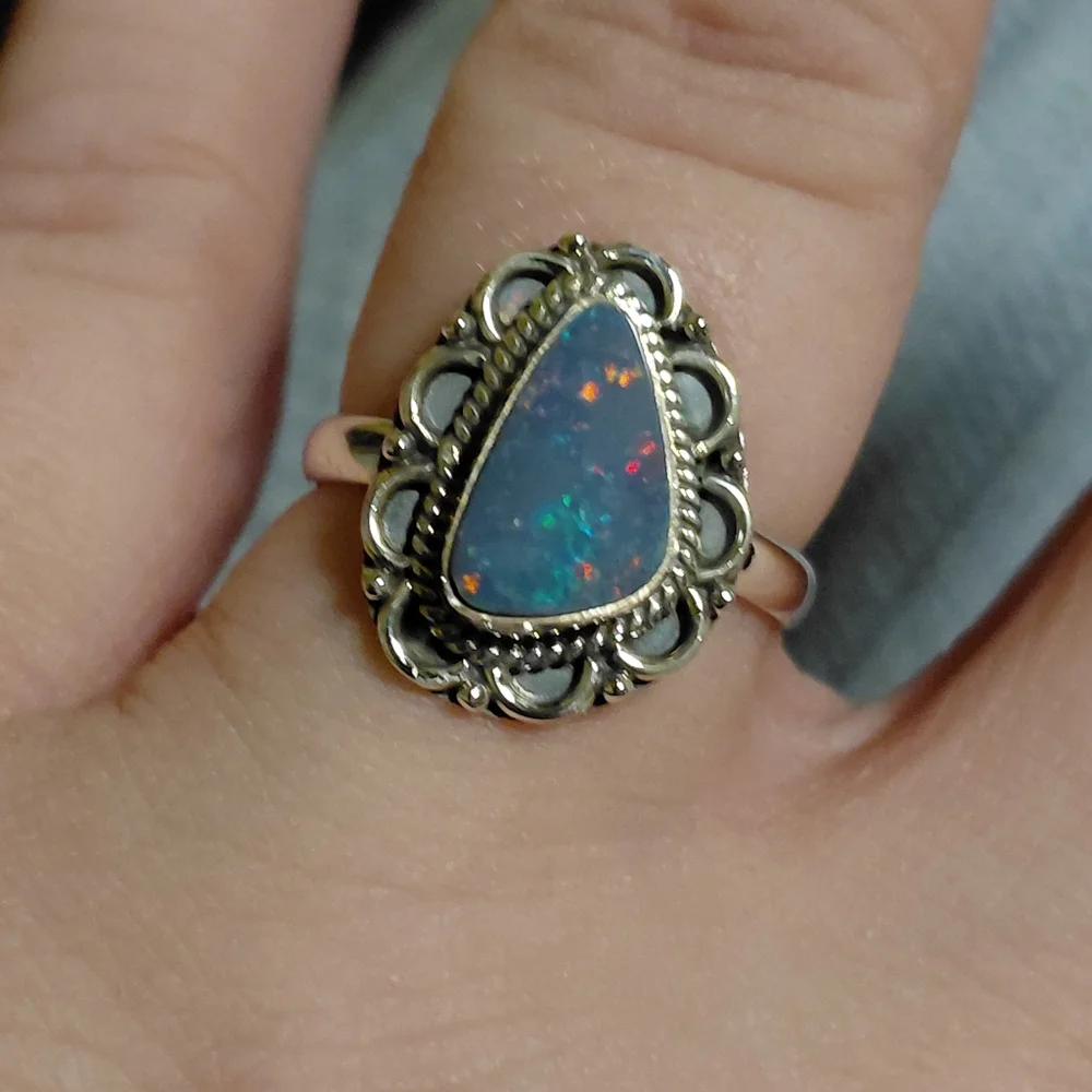 Elegant Australian Opal Silver Ring Size 7.5